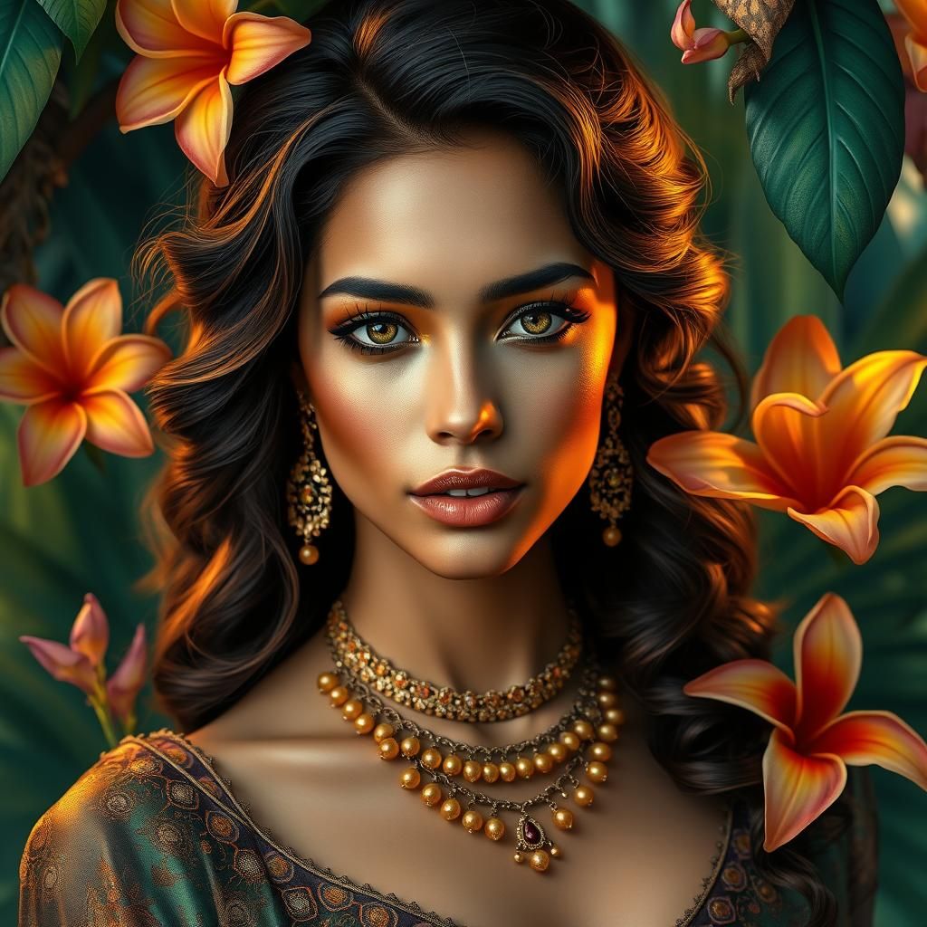 Luminous Woman in Tropical Paradise: Hyperrealistic Fantasy