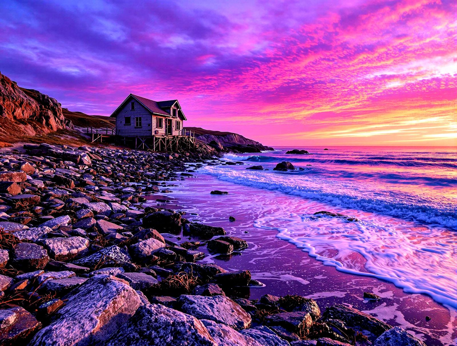 Hyperrealistic Rocky Beach at Dazzling Purple Sunset