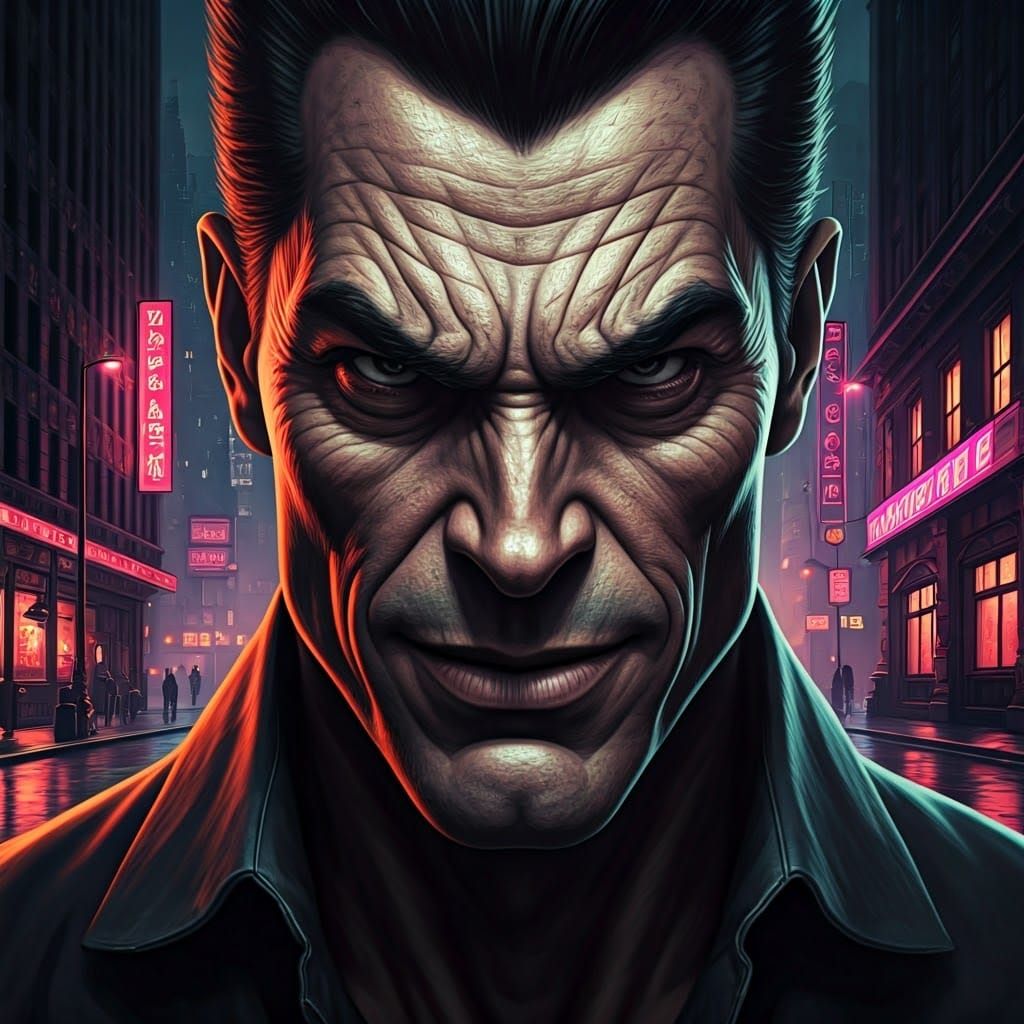 Menacing Face in Dark Noir Cityscape