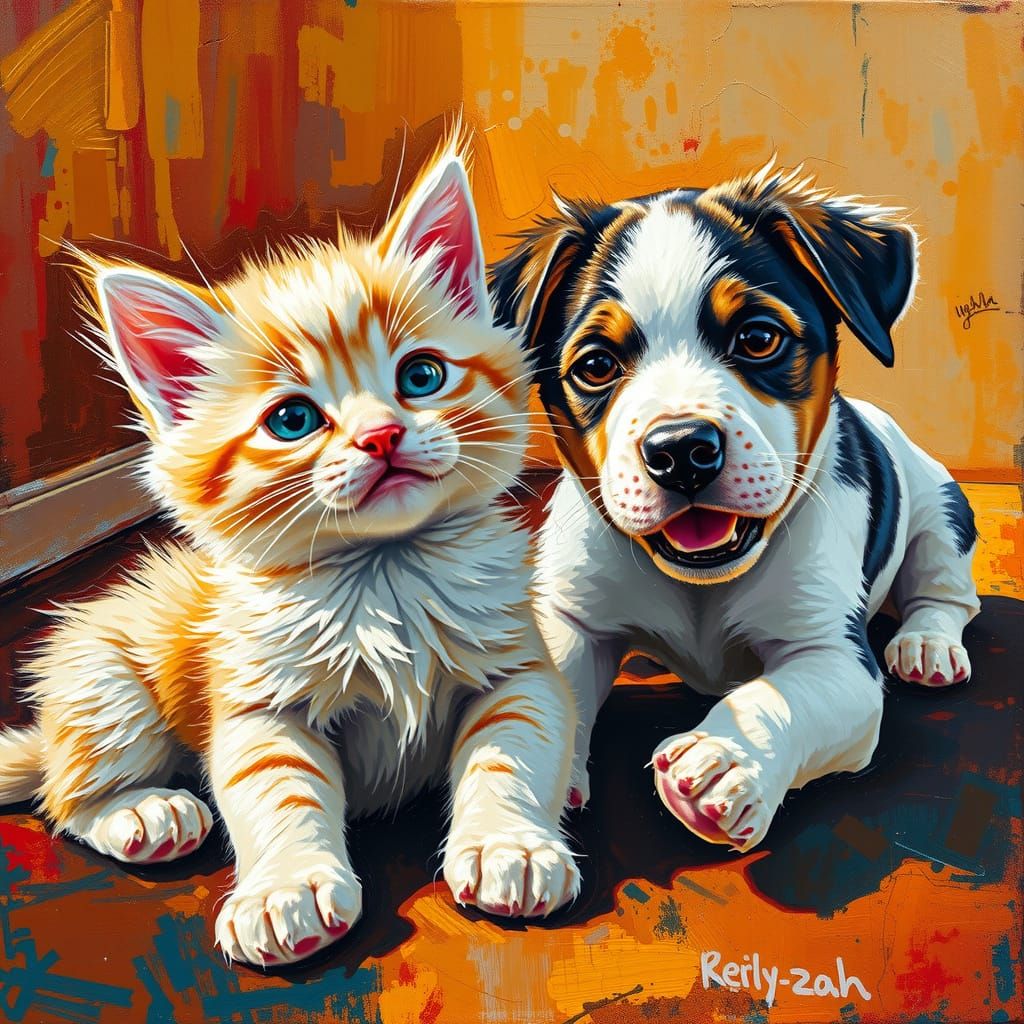 Playful Pets in Thick Impasto Oil Painting Style