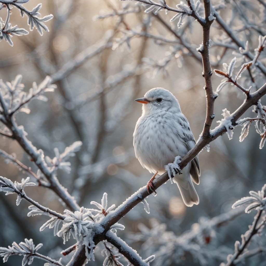 White Bird on Frosty Branch: Wildlife Portrait