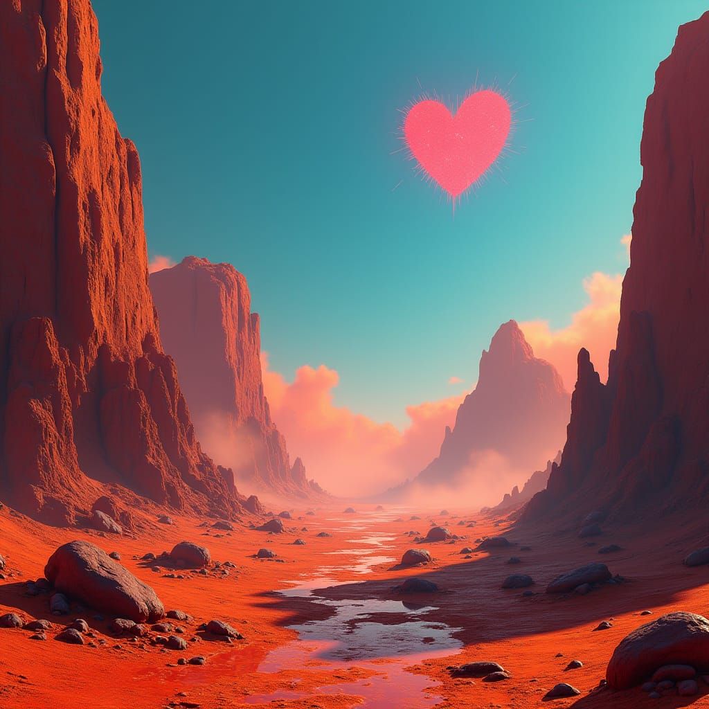 Orange Alien World with Heart Stars: Fantasy Concept Art