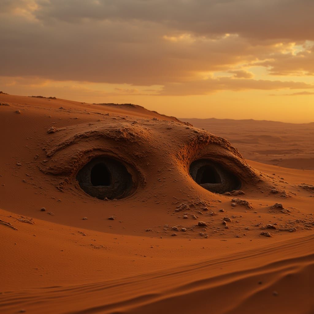 Colossal Desert Eyes Emerge from Amber Dunes at Twilight