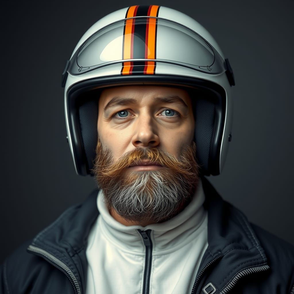 Hyperrealistic Portrait of Bearded Man in Helmet