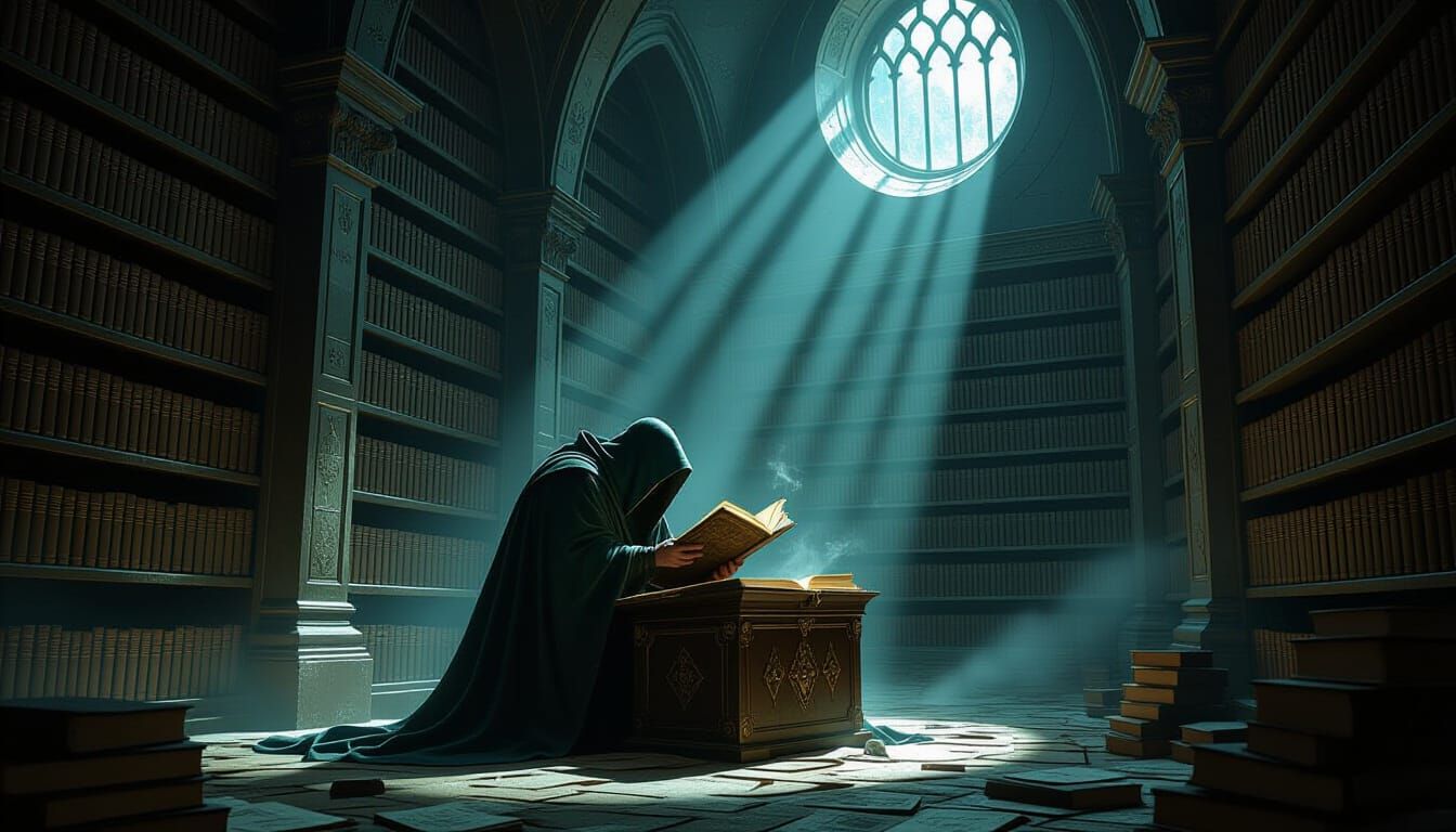 Lone Scholar in Ancient Library