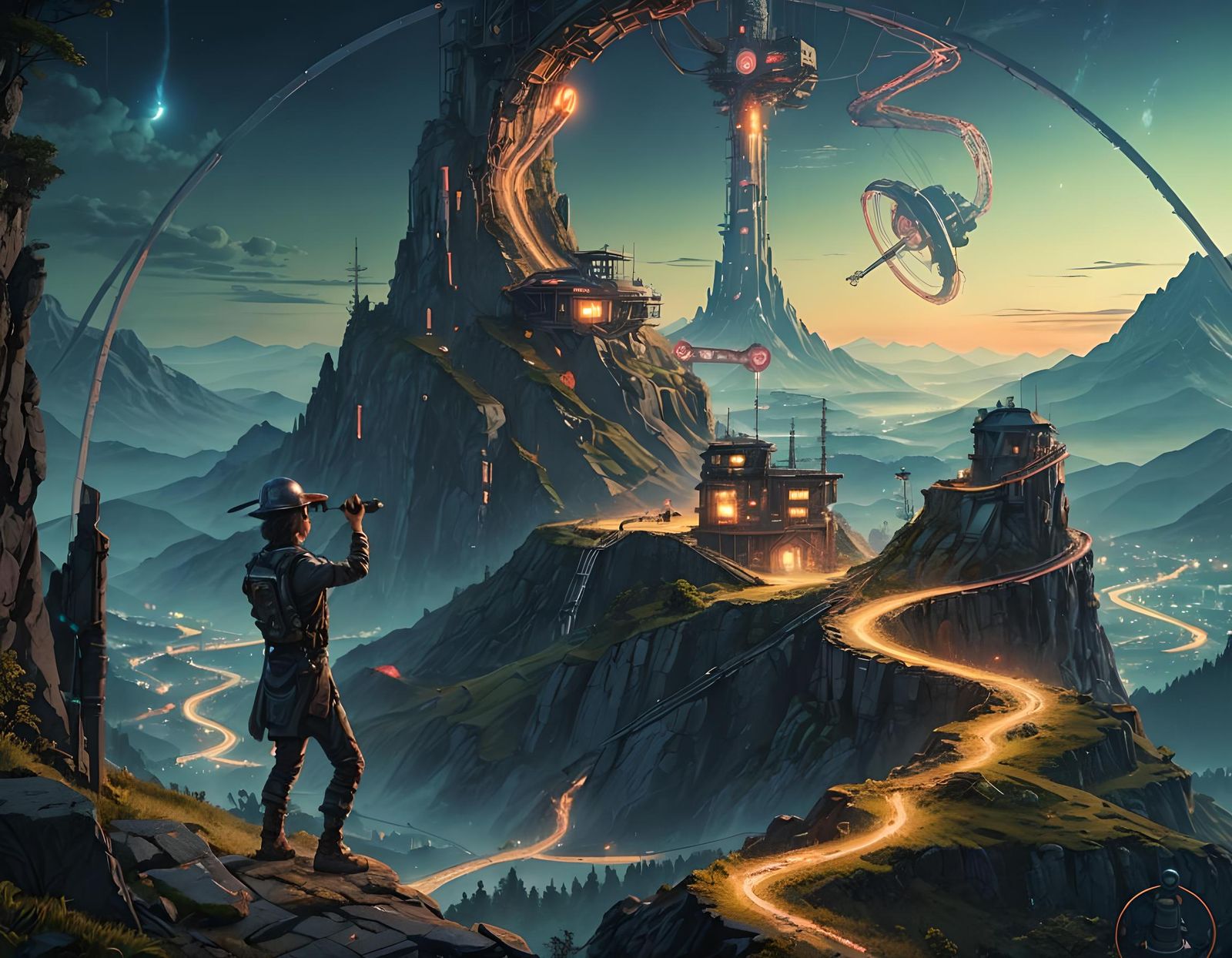 Cyberpunk Pioneer Observes Mountain Structure