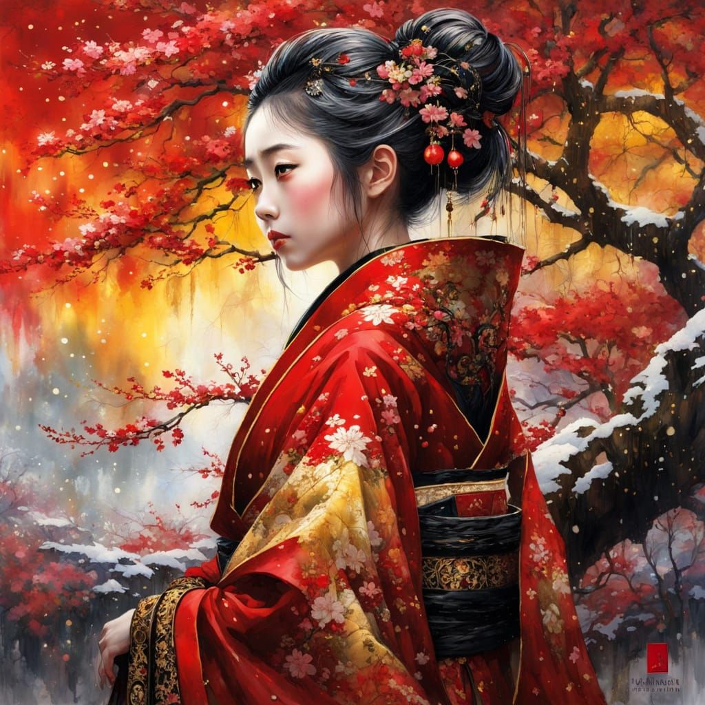Dark Fantasy Japanese Princess in Golden Snowfall