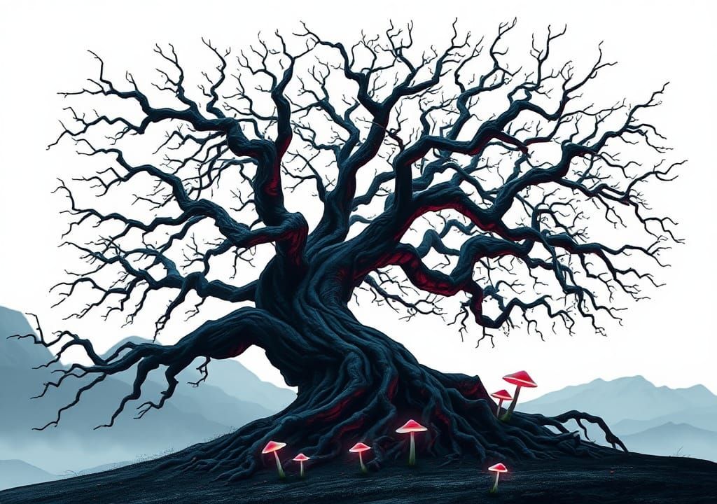 Ethereal Twisted Tree in Dark Fantasy Landscape