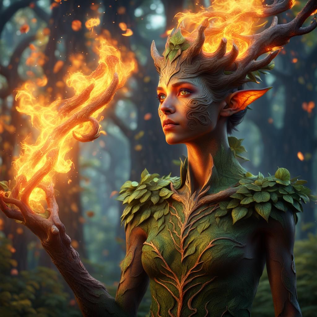 Enchanting Tree Elf Ablaze: Surreal Digital Art