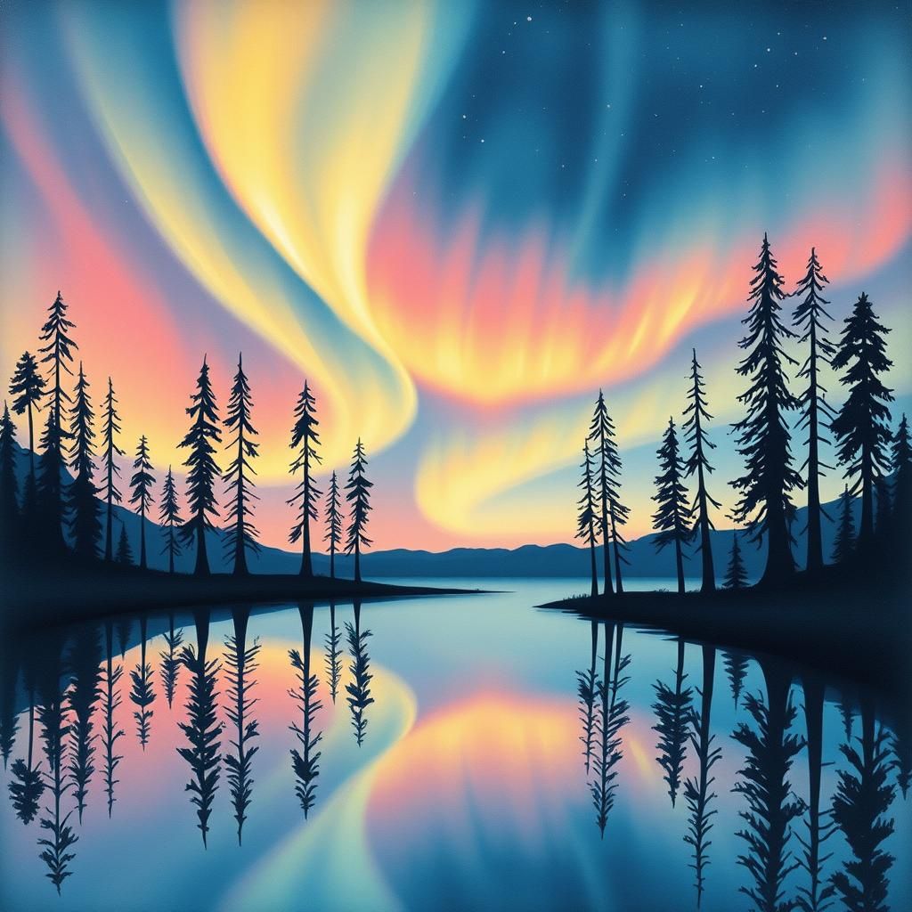 Aurora Borealis Gouache Painting Over Serene Lake