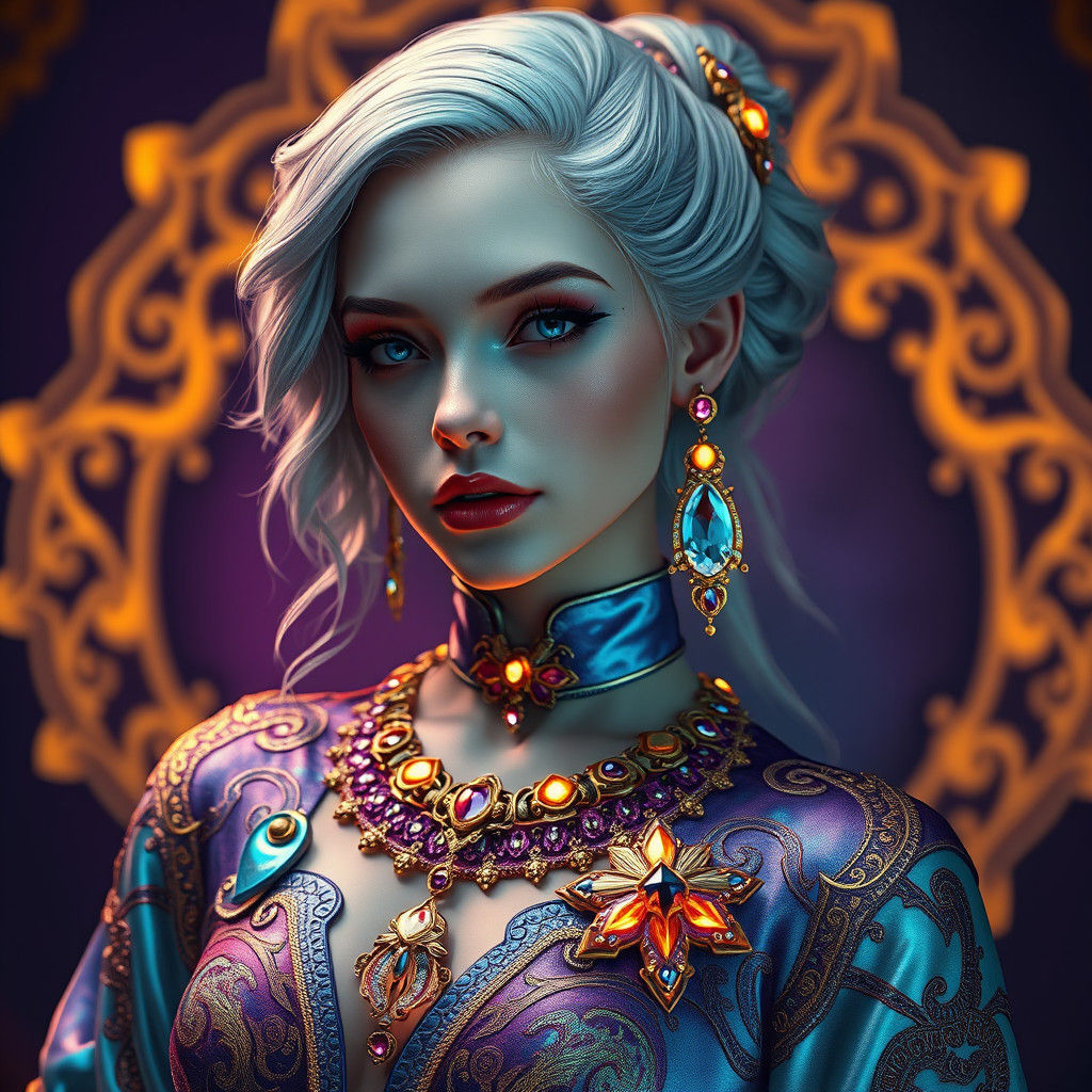 Iridescent Woman in Cyberpunk Medieval Style