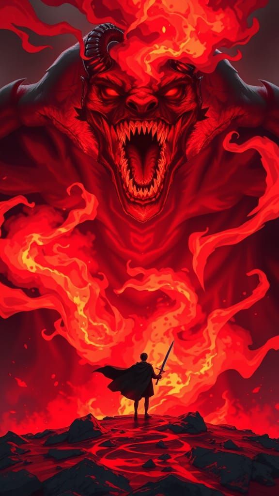 Anime style A digital illustration shows a colossal demonic ...