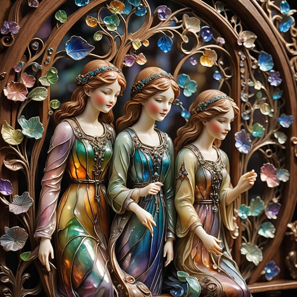 Ornate Art Nouveau Glass Figurines in Rainbow Light