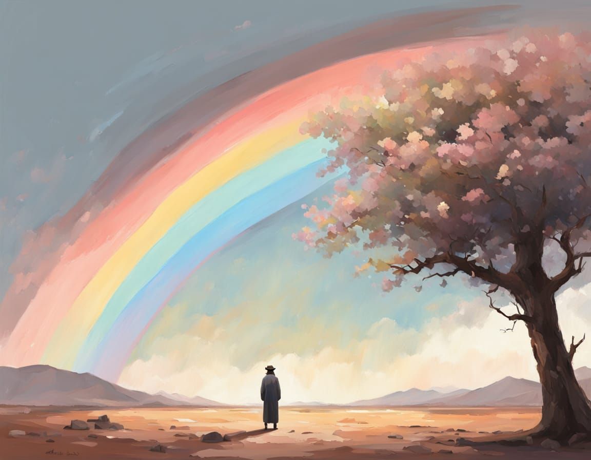 Desert Rainbow: A Serene Oil Painting in Pastel Colors