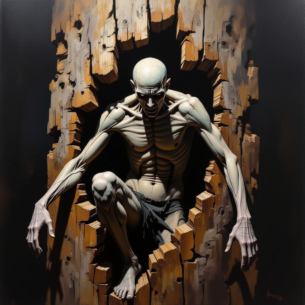 Fragmented Figure Emerging From Gnarled Wood in Oil Painting