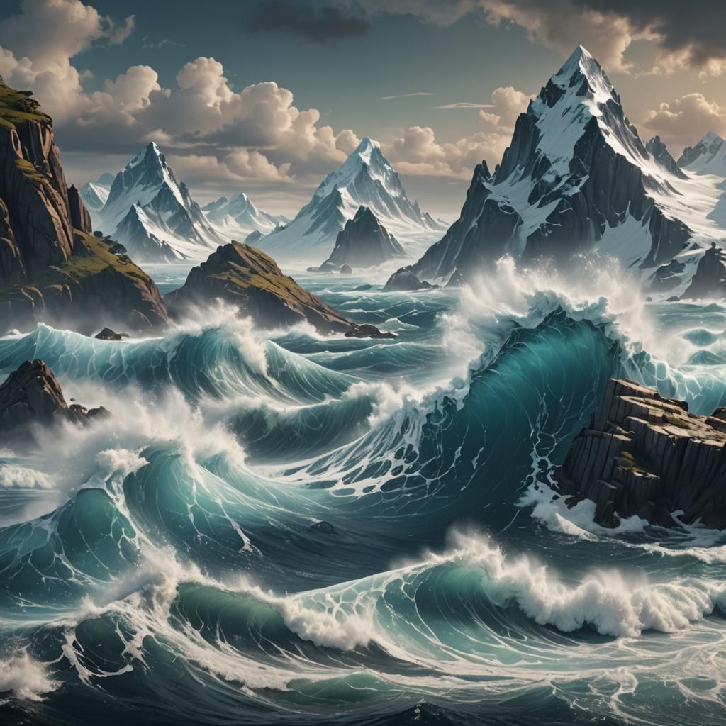 Epic Ocean Landscape with Icebergs and Mountains