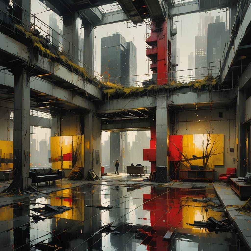 photorealistic pgotography of an interior with oil painting ...