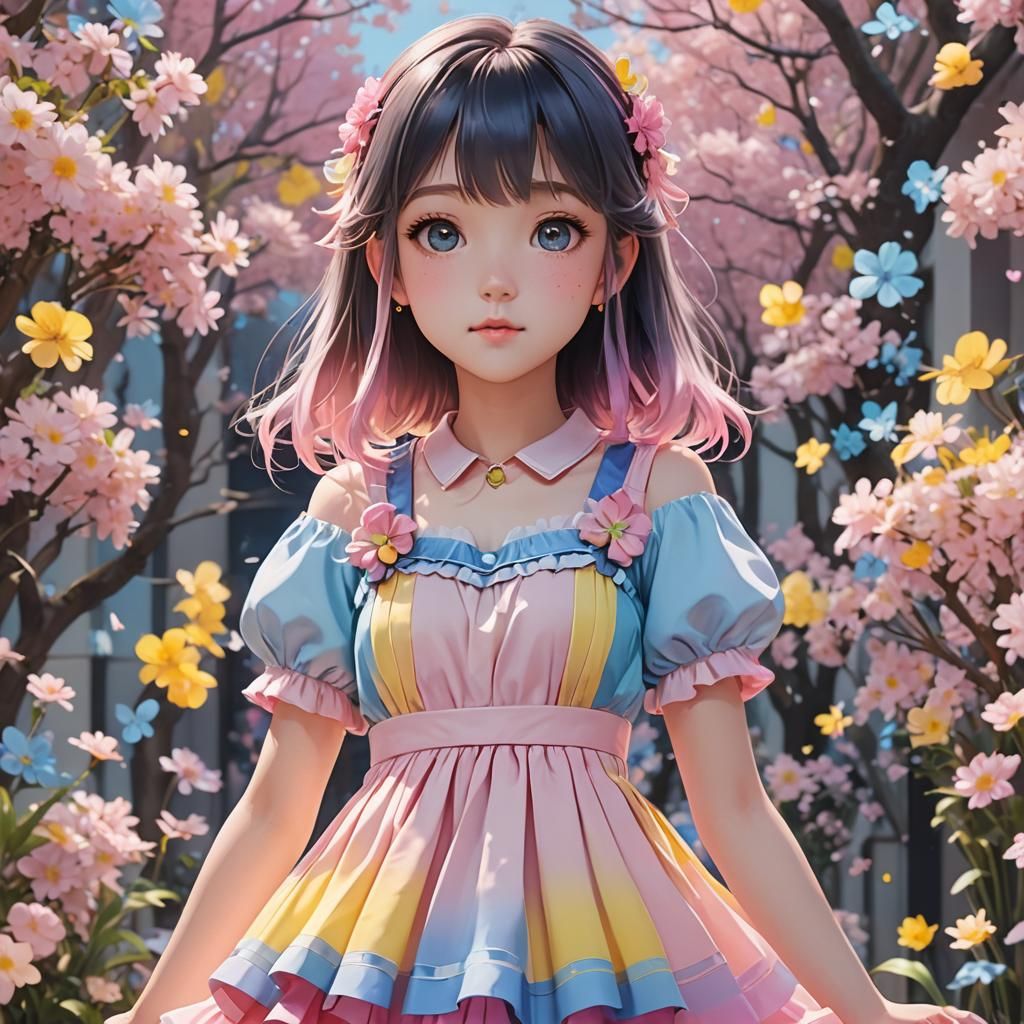 Cute pastel anime wearing a pretty ombré pink yellow and blue gradient dress
