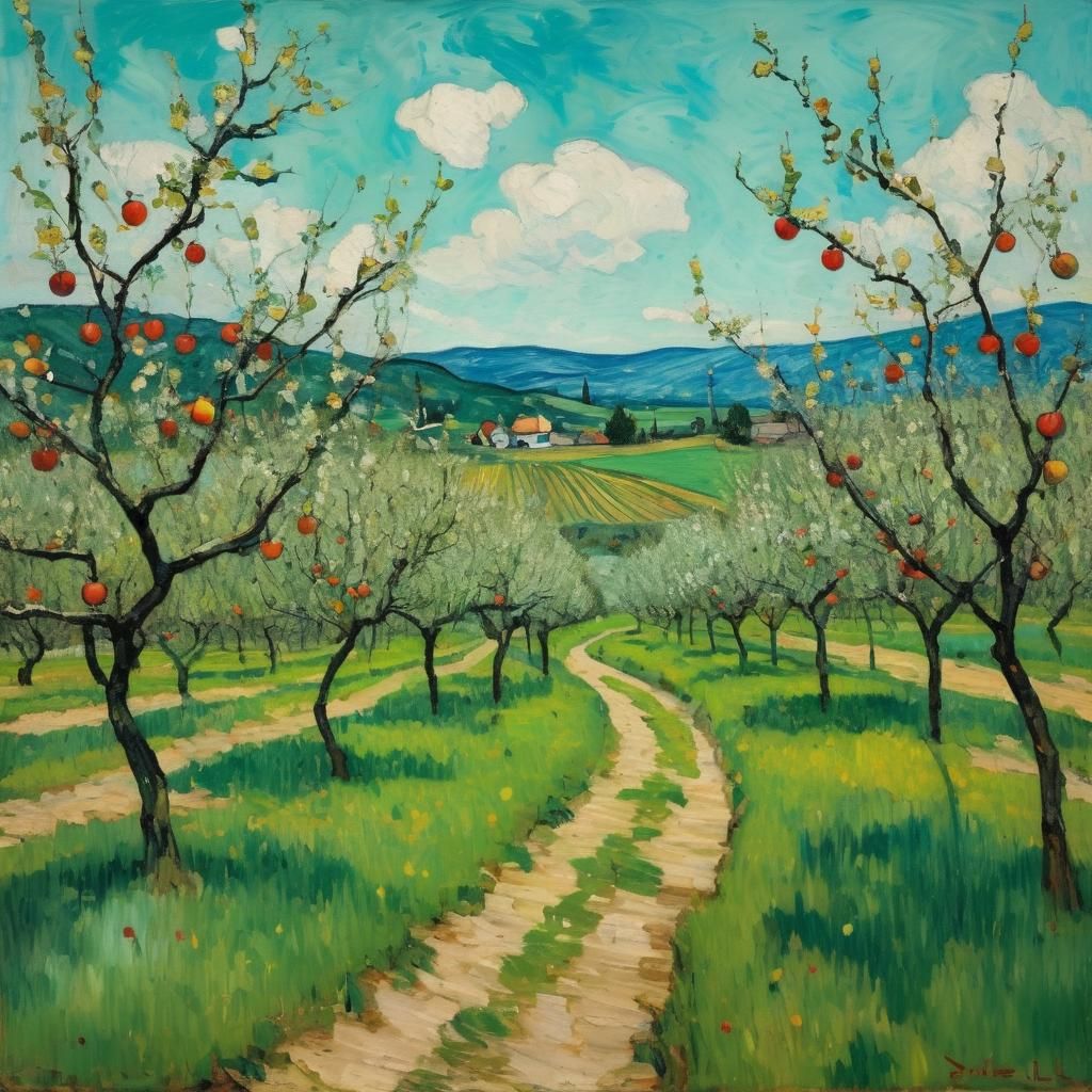 Apple Orchard Painting in Impressionistic Style