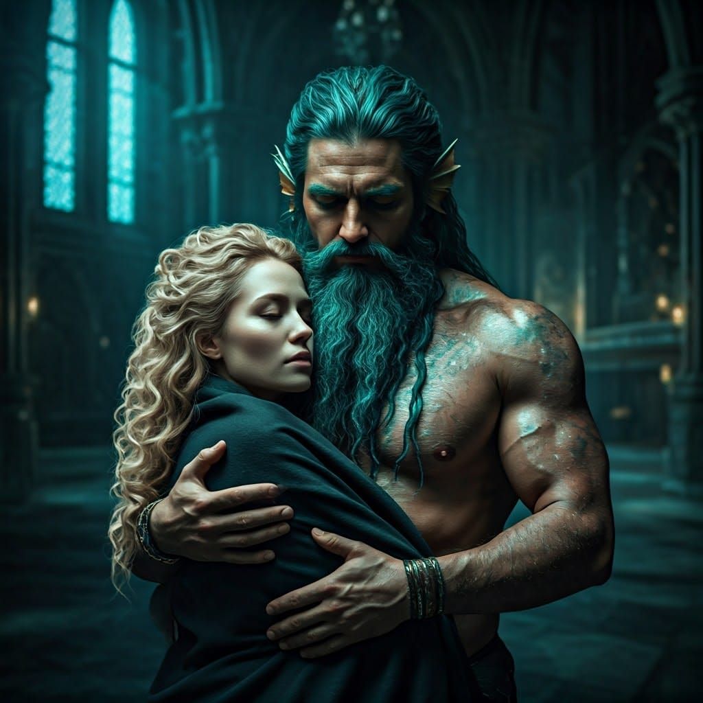 Sea King Embraces Woman in Dimly Lit Castle