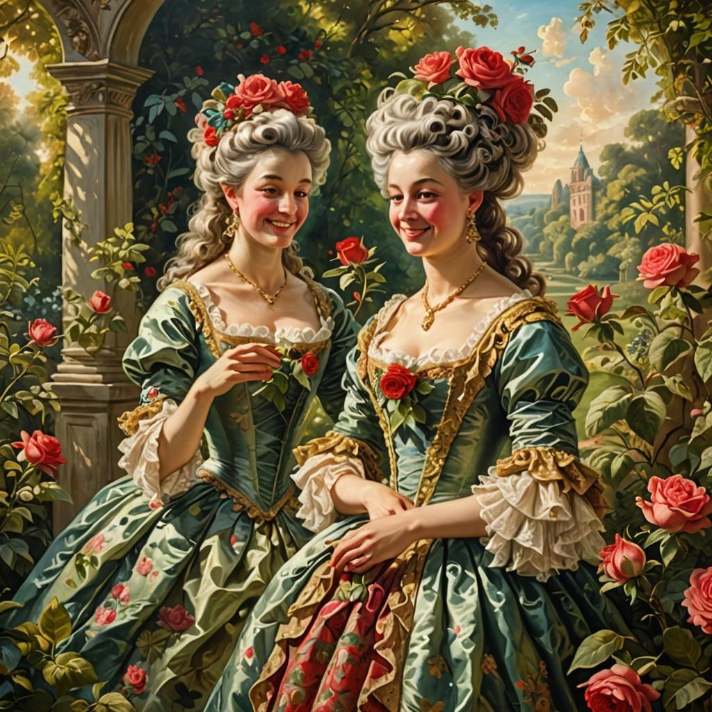 Rococo Painting of Girl Offering Rose in Garden