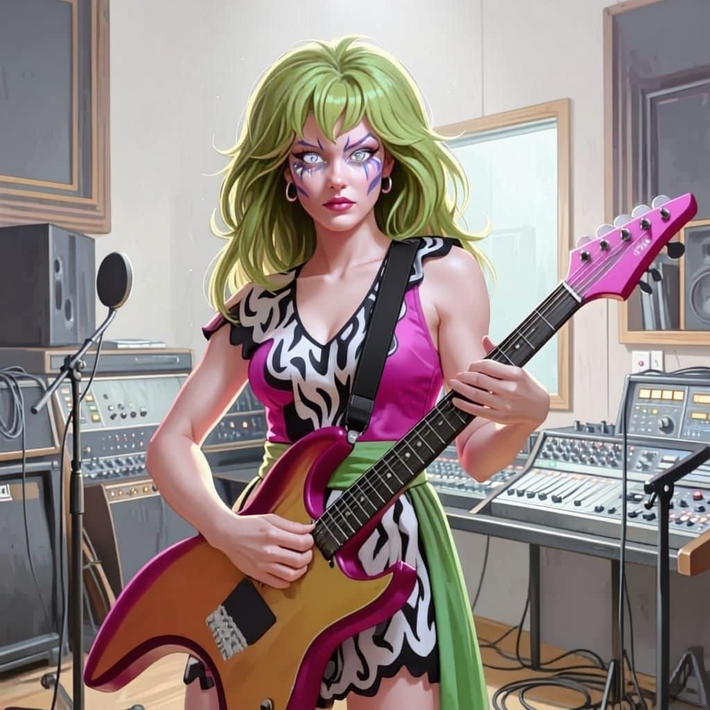 Pizzazz Glowers in Recording Studio with Guitar