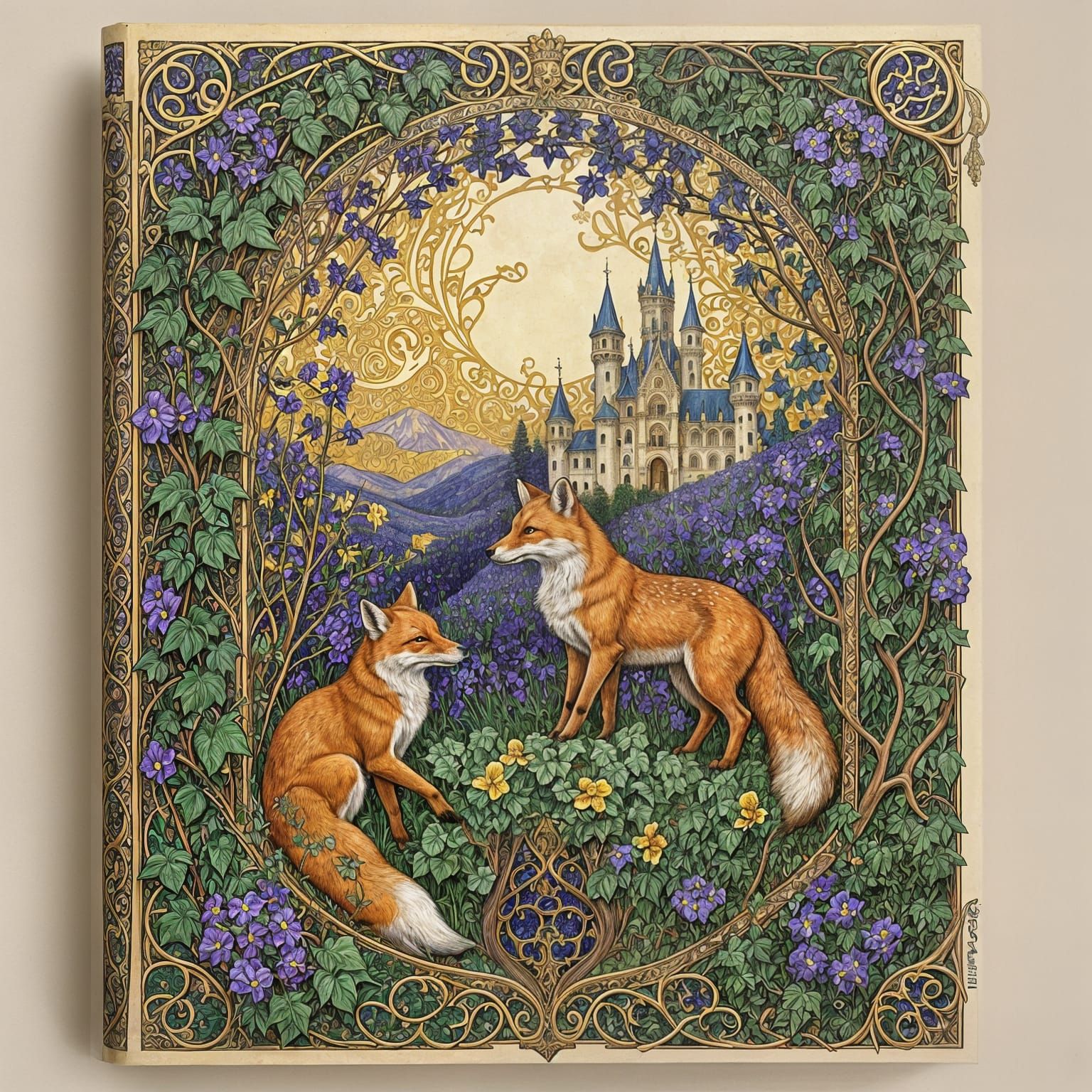 Medieval Border with Foxes and Vines in Art Nouveau Style