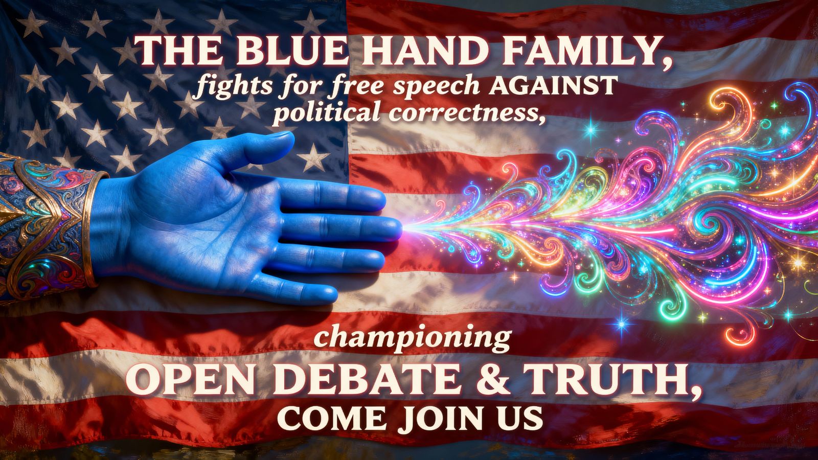 Blue Hand Family Banner: Free Speech & Open Debate