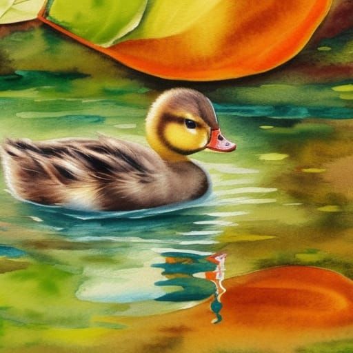Duckling in Pond: Impressionist Gouache Painting