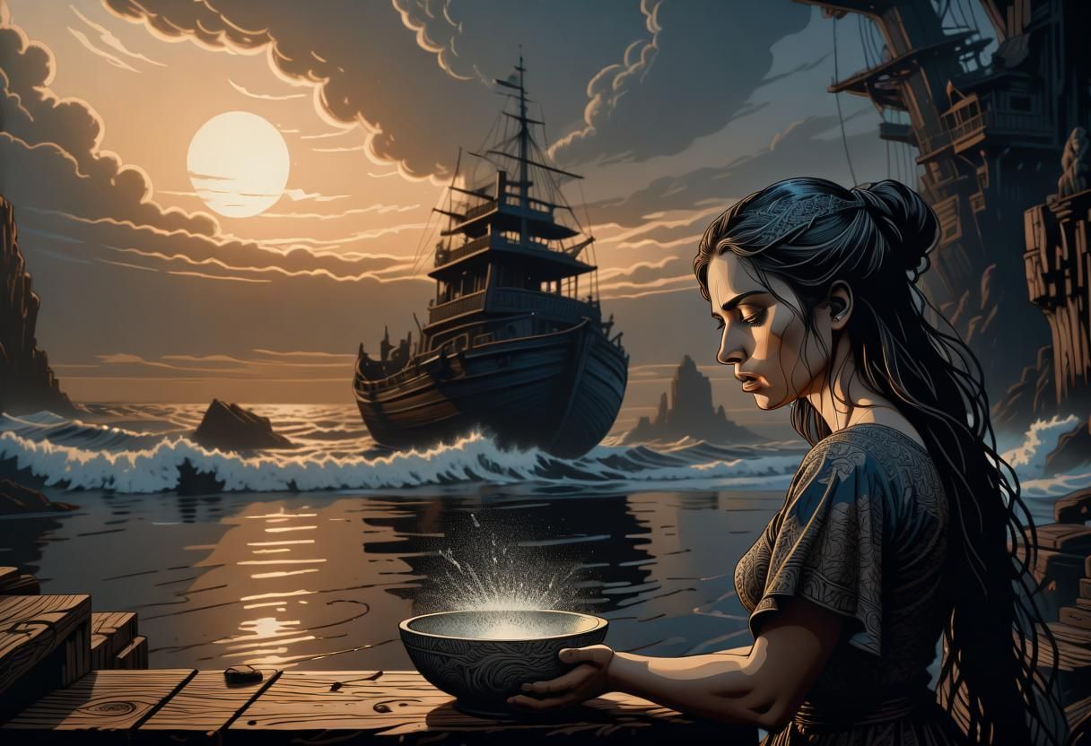 Woman Staring into Bowl of Suffering: Woodcut Print