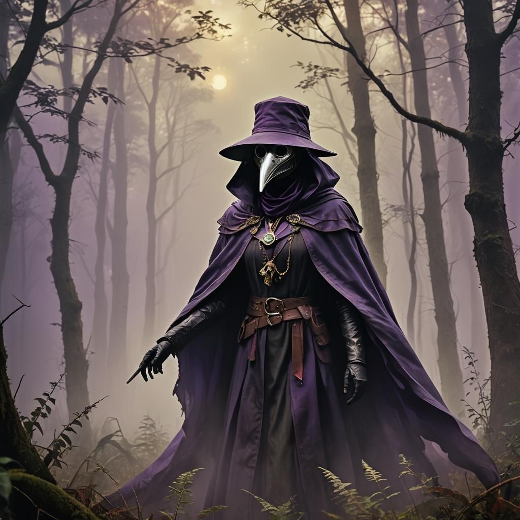 Violet Plague Doctor in Misty Forest Concept Art