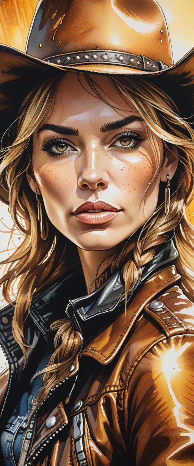 Detailed Ink Painting of a Cowgirl in Sunlight