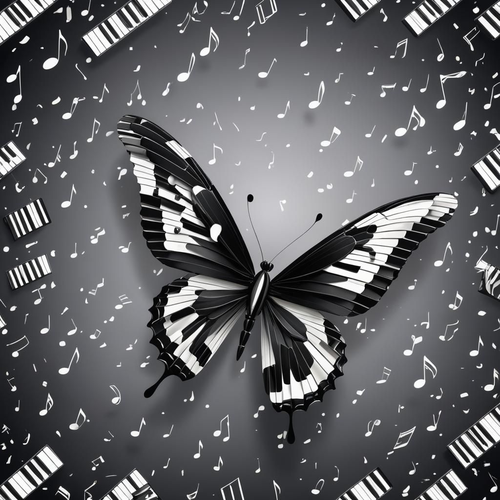a butterfly made of black and white piano keys, luminescent ...