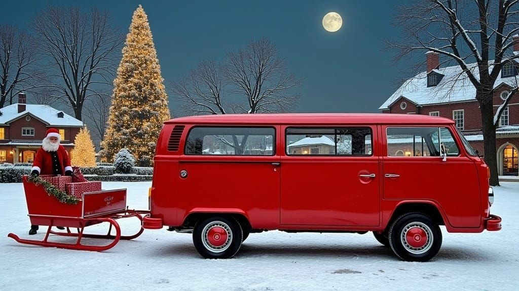 Futuristic Red VW T2b Kombi in Winter Wonderland