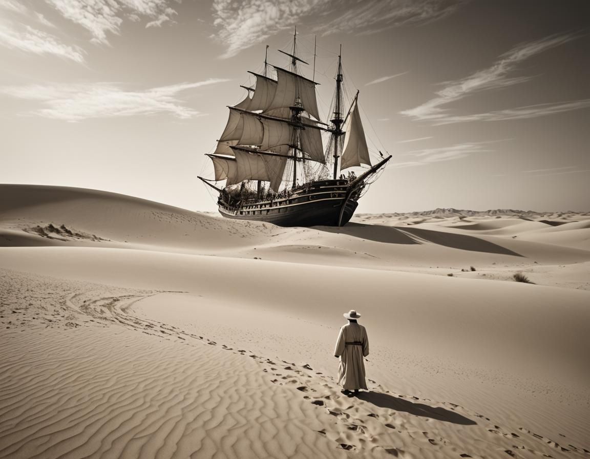 Desert Wanderer and Shipwreck: Sepia Cinematic Photograph