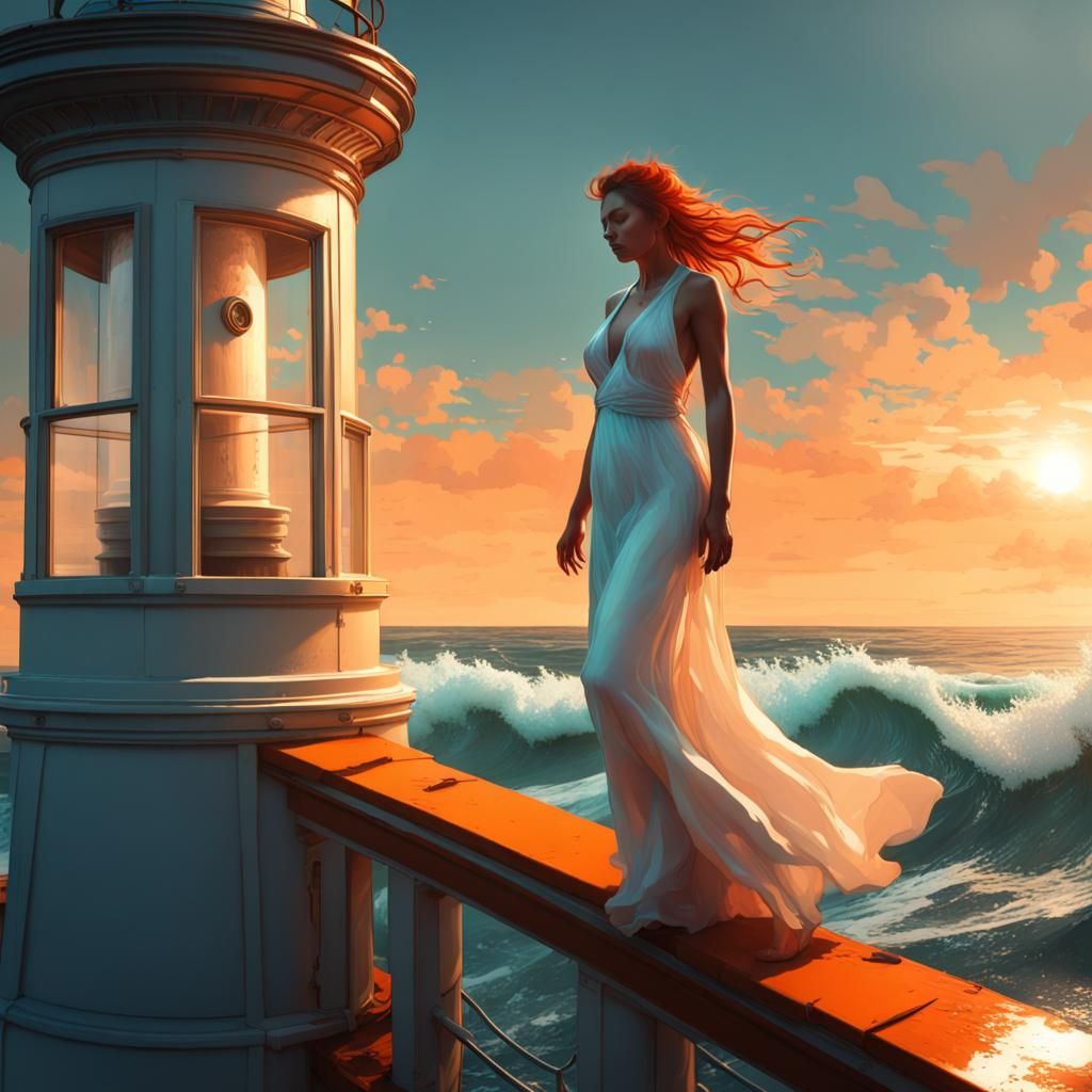 Woman on Lighthouse in Stormy Seas