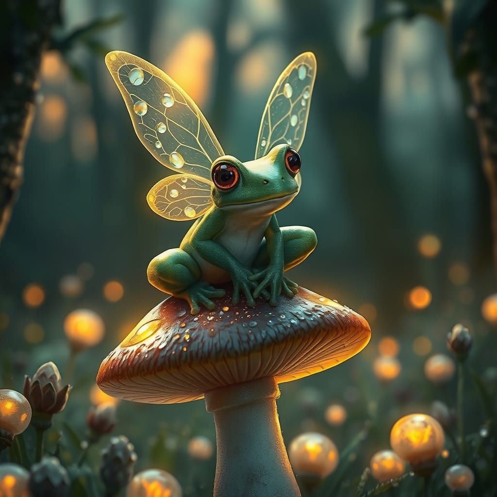 Whimsical Frog Fairy on Glowing Mushroom in Enchanted Forest
