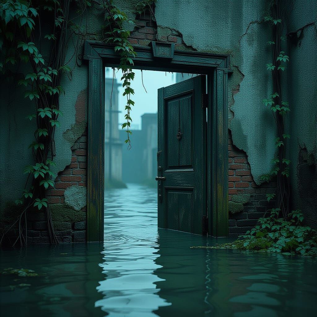 Dystopian Decay: Wooden Door in Flooded, Crumbling Building