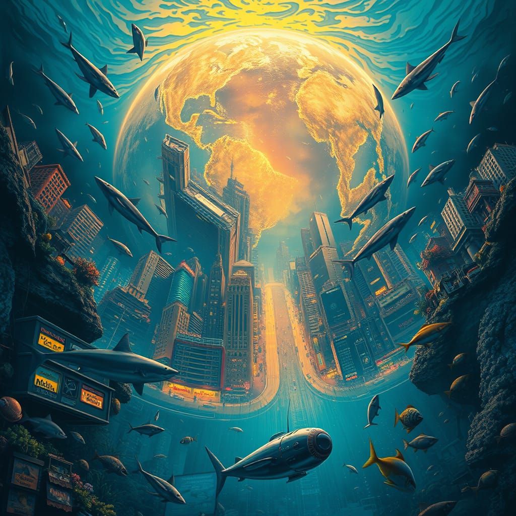 Underwater Cityscape with Glowing Streets in Alcohol Ink