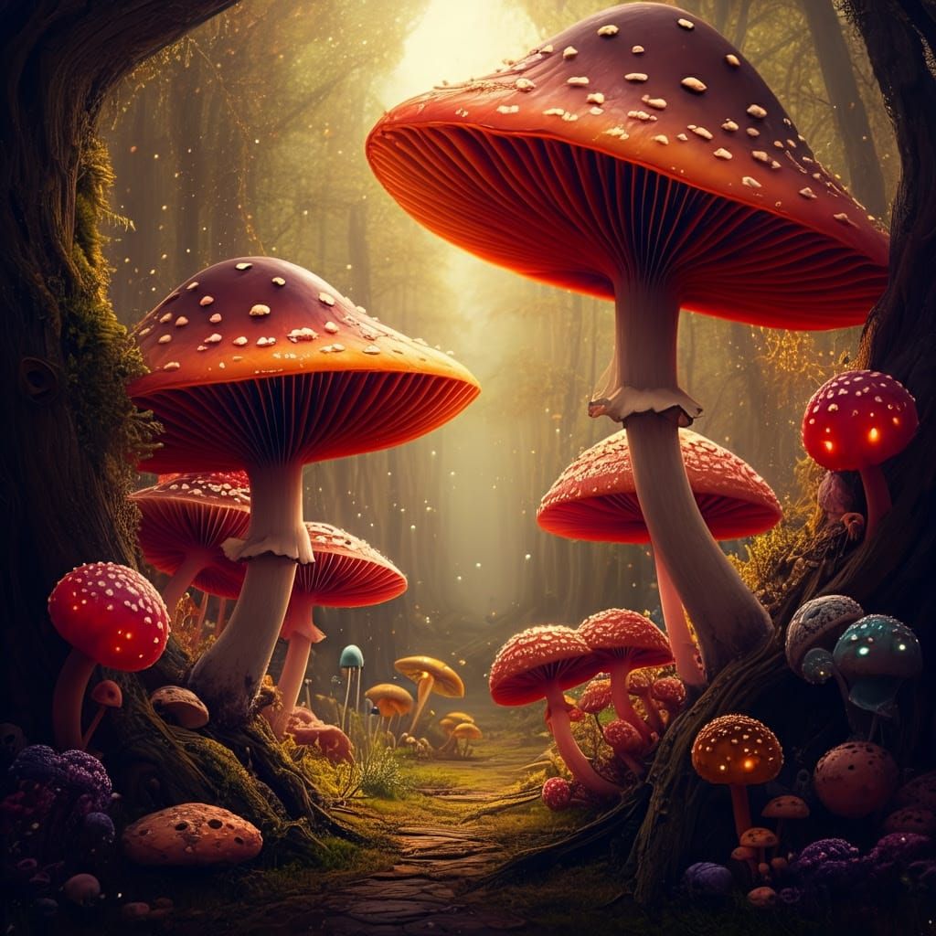 Surreal Forest Landscape with Glowing Mushrooms and Whimsica...