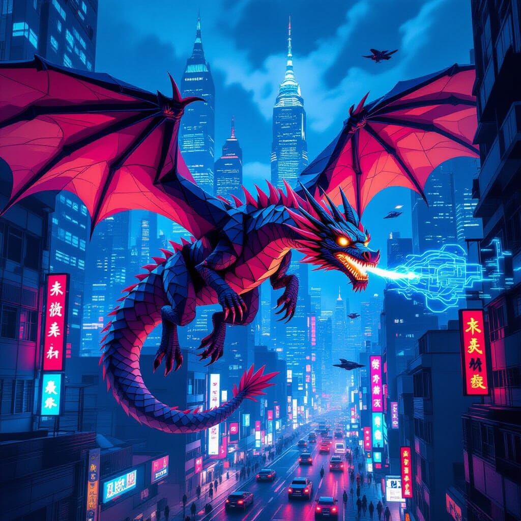 Origami Dragon Soaring Over Cyberpunk City
