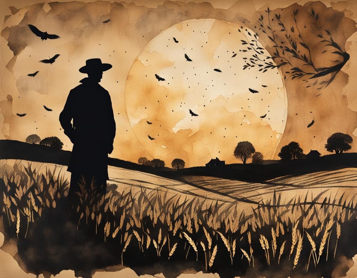 Harvest Moon Ink Painting on Antique Paper