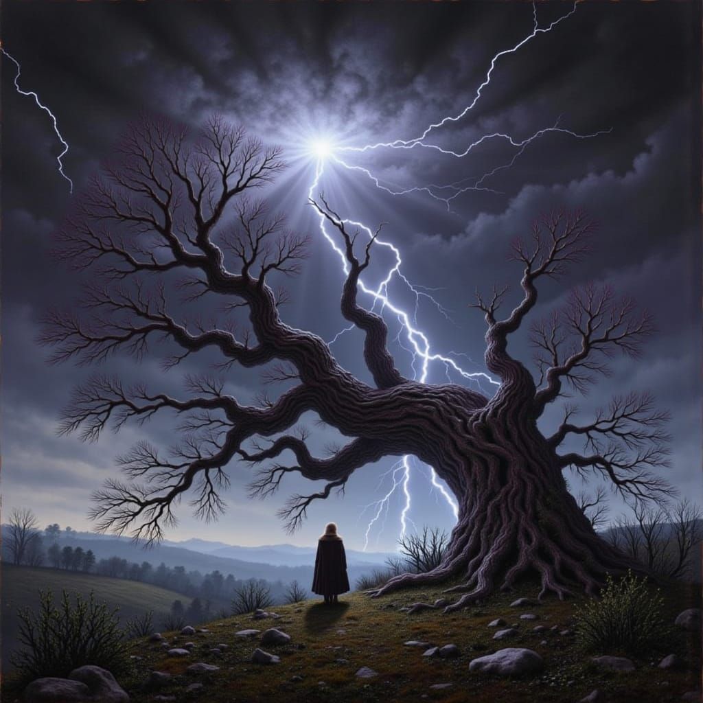 Dramatic Lightning Strike on Toppled Oak Tree