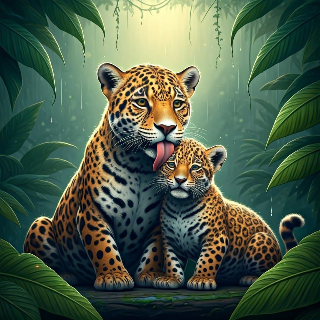Jaguar and Cub in Rainforest: Dreamy Surreal Art