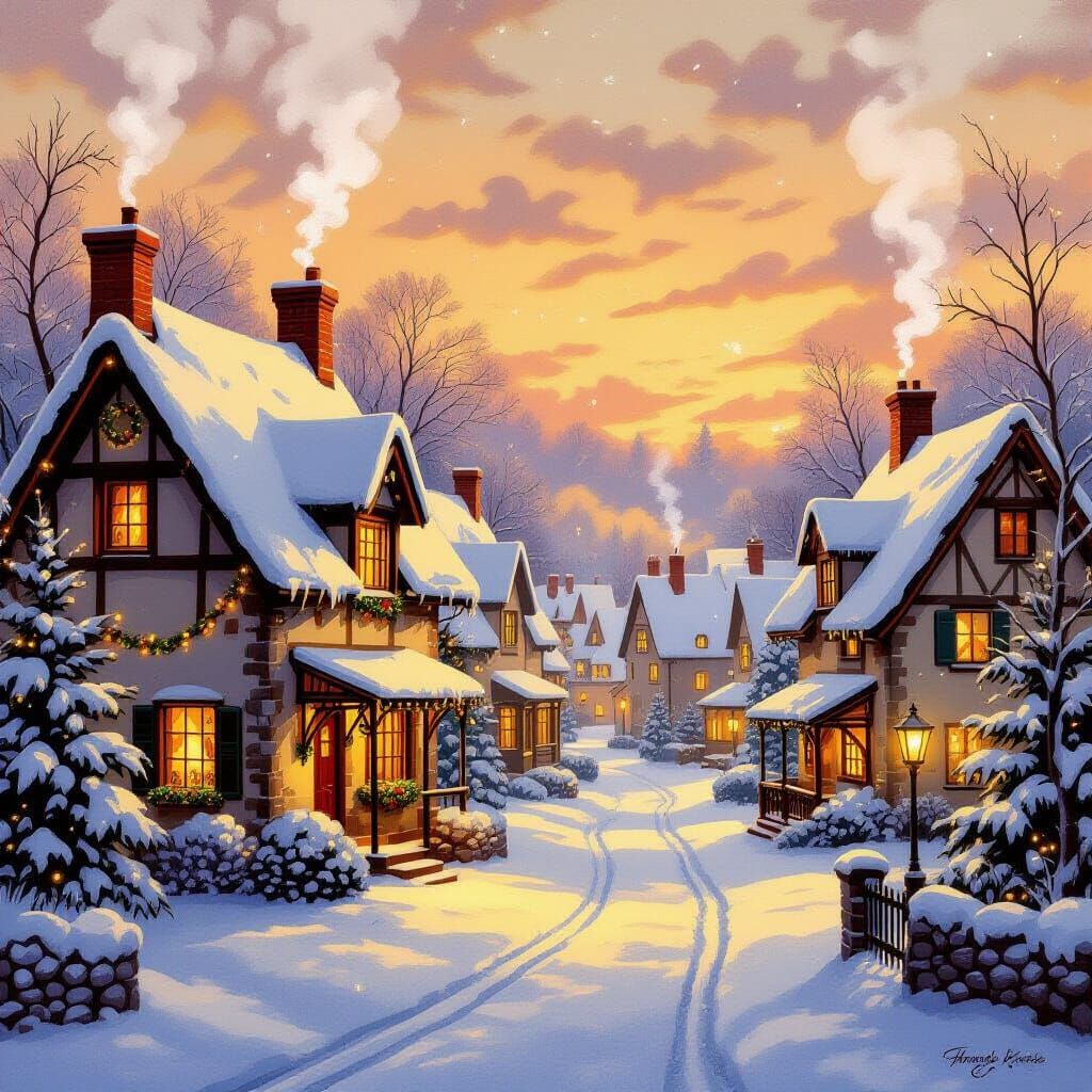 Cozy Christmas Village Scene at Golden Hour