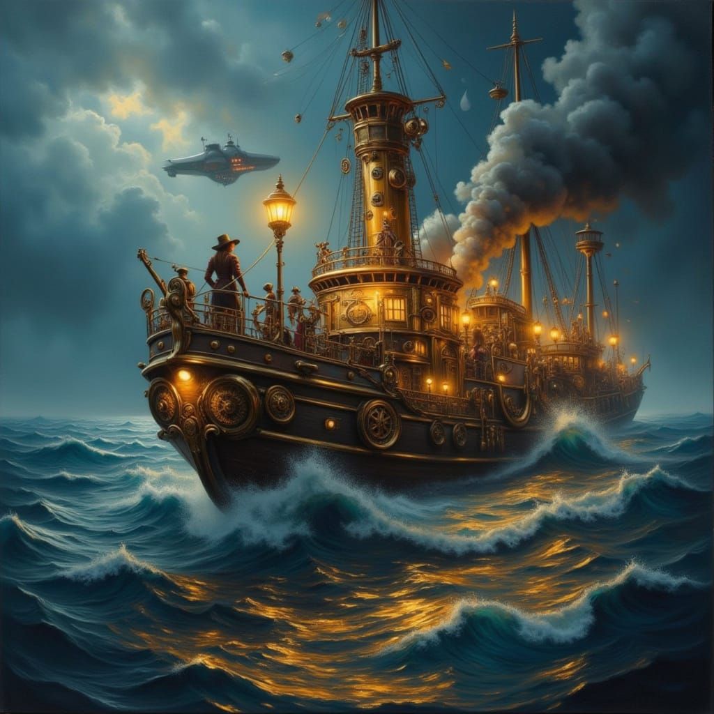 Steampunk Boat Adventure Through Stormy Seas