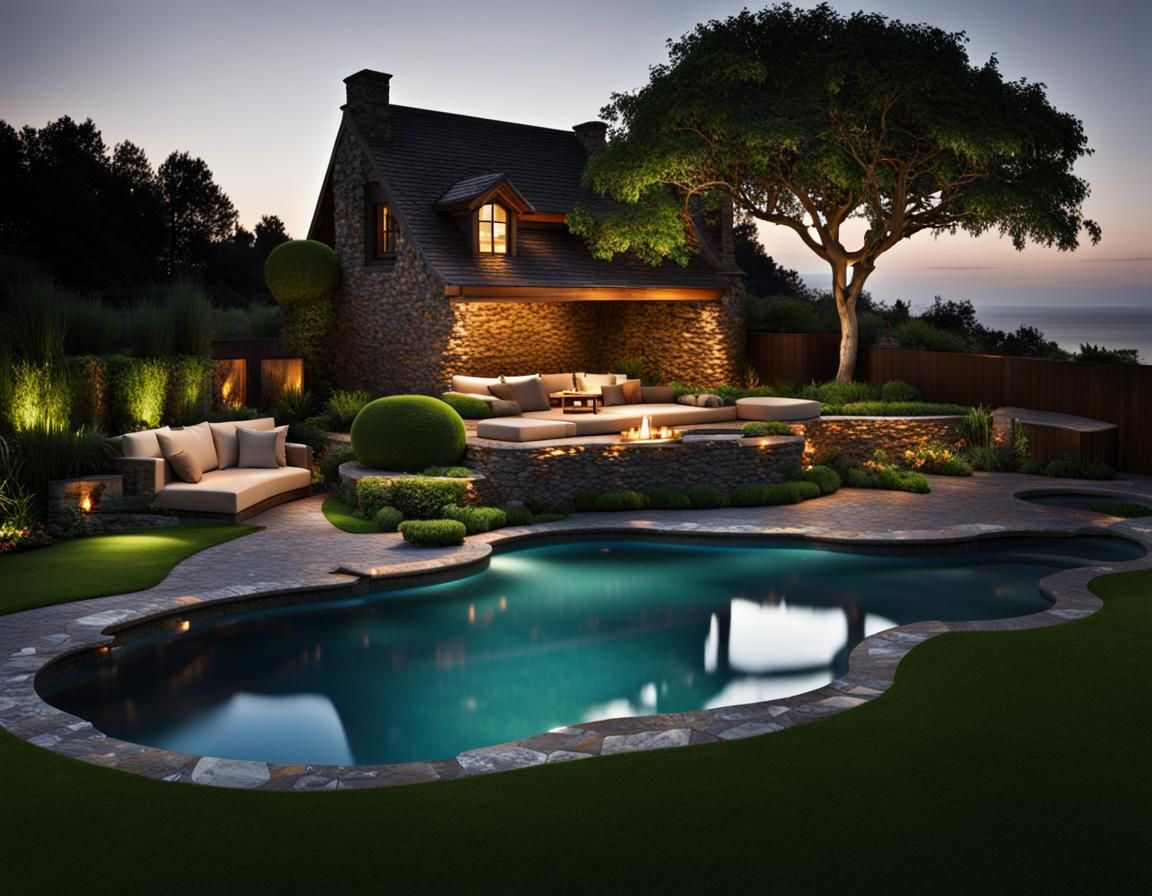 Night Landscape with House, Pool, and Furniture