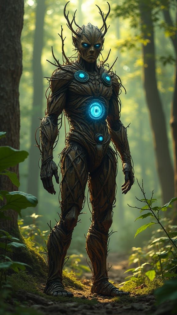Wooden Humanoid Figure in Ancient Forest, Digital Painting