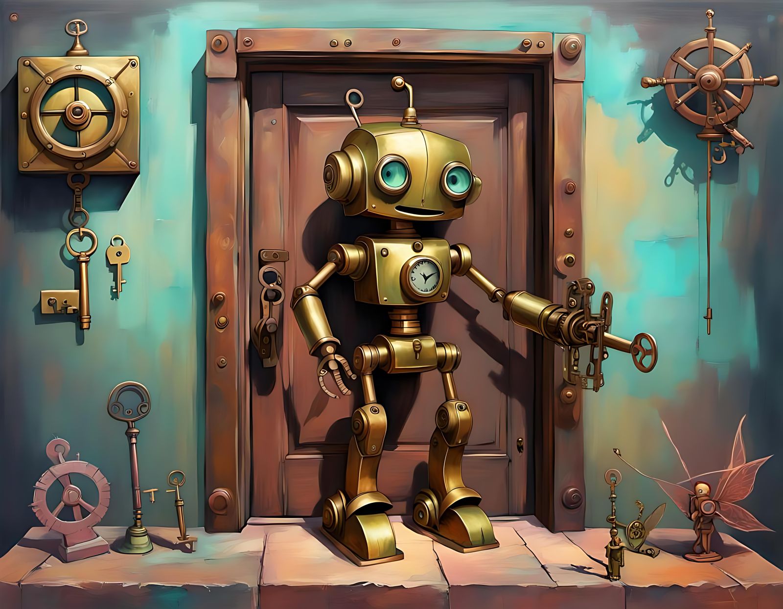 Surreal Robot Toy and Tinkerbell Statue, Digital Art