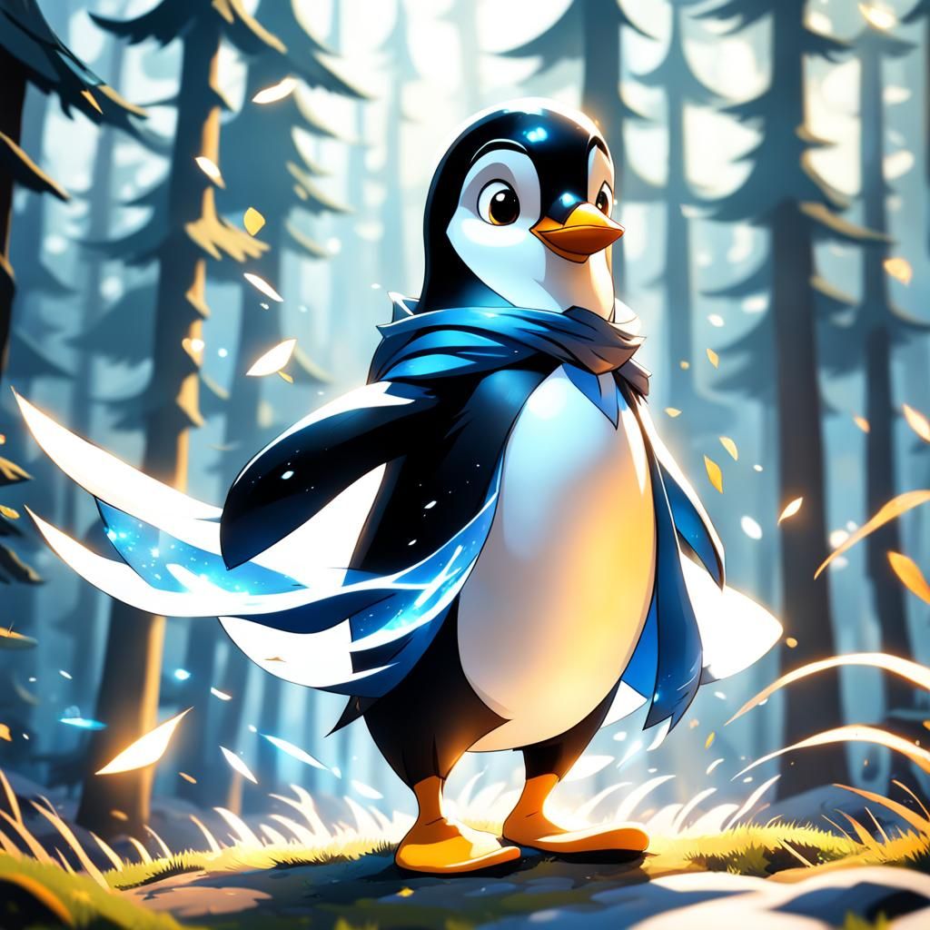 Penguin Witch Casting Spell in Windy Forest, Manga Style